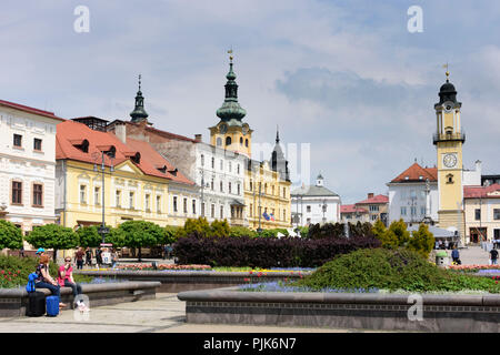 Banska Bystrica (Neusohl), main square (namestie SNP), view to City Castle and Clock Tower in Slovakia, Stock Photo