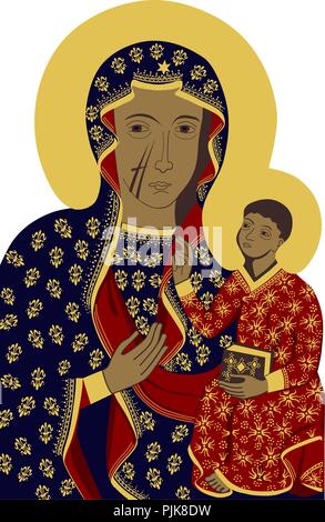 Black Madonna of Jasna Gora Czestochowa, Marian Icon of the Mother of God with Jesus Stock Vector