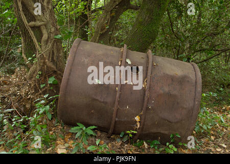 Rusty barrel, dumped a long time ago in a forest Stock Photo