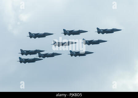 Royal Air Force, RAF Sepecat Jaguar jet fighter planes flying diamond nine formation for the closure of RAF Coltishall, Norfolk, UK Stock Photo