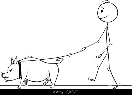 Cartoon of Man Walking With Pig on a Leash Stock Vector