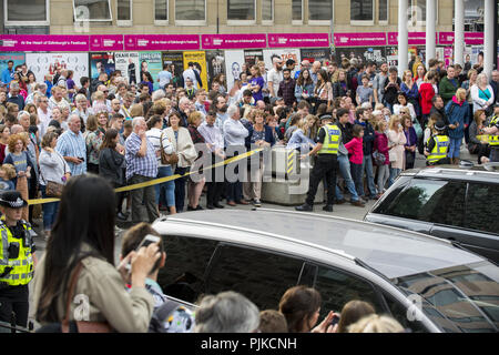 Theresa May and Nicola Sturgeon leave the University of Edinburgh in Bristol Square  Featuring: Atmosphere Where: Edinburgh, United Kingdom When: 07 Aug 2018 Credit: Euan Cherry/WENN Stock Photo