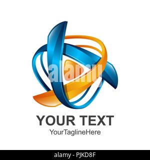 Creative abstract 3d media play button vector logo design template element. Colored silver blue orange concept icon Stock Vector