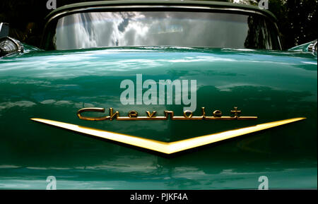 Details of american 50s cars during an exhibition in Medellín Colombia front of a green Chevy Stock Photo