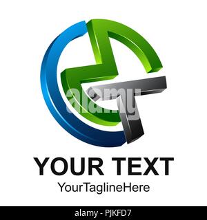 Initial letter CMT logo design template element colored silver green blue circle 3D for business and company identity Stock Vector