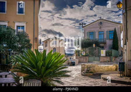 Mairie and alleys in the old village of Bages Stock Photo