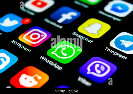 Sankt-Petersburg, Russia, July 29, 2018: Apple iPhone X with icons of social media facebook, instagram, twitter, snapchat, google application on scree Stock Photo