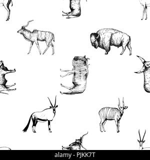 Seamless pattern of hand drawn sketch style ungulates isolated on white background. Vector illustration. Stock Vector