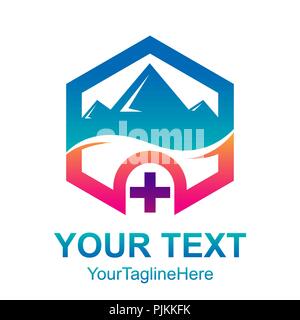Hexagon - mountain inside hexagon with cross or plus icon Vector logo concept illustration. Hexagon geometric polygonal logo. Hexagon abstract logo. V Stock Vector