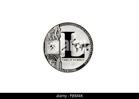 Symbolic image crypto currency digital currency, silver physical coin Litecoin Stock Photo