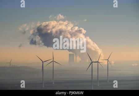 Brown coal-fired power plants in the Garzweiler brown coal area, Neurath power station, Block F and G (BoA 2/3), RWE brown coal power plant, Grevenbroich, Wind power plants, Bergheim, Rhineland, North Rhine-Westphalia, Germany Stock Photo