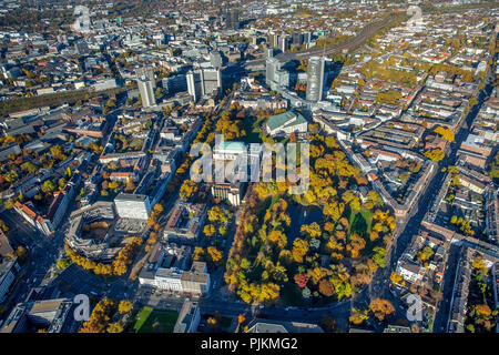 Aerial view, Huyssenallee, development plans southern city center in front of the skyline of Essen, skyscrapers, RWE Tower, Evonik, Essen, Ruhr area, North Rhine-Westphalia, Germany Stock Photo