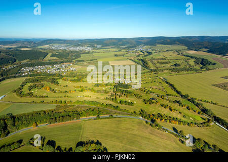 Aerial view, Golf Club Schmallenberg eV with clubhouse, Golf Cafe Restaurant, driving range, 27-hole course, Bad Fredeburg, Schmallenberg, Hochsauerland, North Rhine-Westphalia, Germany Stock Photo