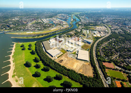 Aerial view, Kasseler Feld, groynes on Rhine, Duisburg port company, Rhine, Duisburg, Ruhr area, North Rhine-Westphalia, Germany
