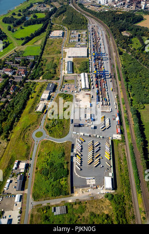 Aerial view, Logport III, container terminal, container loading, Duisburg Harbor Company, Rhine, Duisburg, Ruhr Area, North Rhine-Westphalia, Germany Stock Photo