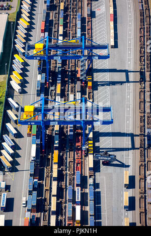 Aerial view, Logport III, container terminal, container loading, Duisburg Harbor Company, Rhine, Duisburg, Ruhr Area, North Rhine-Westphalia, Germany Stock Photo