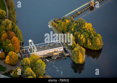 Aerial view, Ruhr confluence Volme: power plant and dam Stiftsmühle with fish ladder and lock, Friedrich-Harkort-Gymnasium and bad noise barriers to A1, Hengsteyseestraße with Ruhr, Herdecke, Ruhr area, North Rhine-Westphalia, Germany Stock Photo