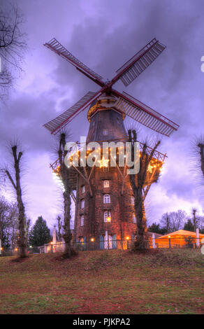 Bremen Wallmühle with Christmas lights in the ramparts at dusk, quarter, Bremen, Germany, Europe Stock Photo