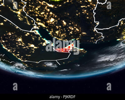 United Arab Emirates on Earth at night with visible country borders. 3D illustration. Elements of this image furnished by NASA. Stock Photo