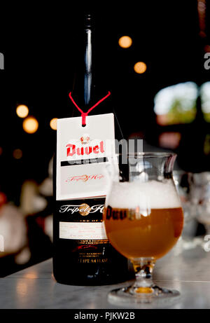 Product photo of the relaunched Duvel Tripel Hop beer by Duvel/Moortgat brewery (Belgium, 30/09/2010) Stock Photo