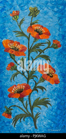 Oil painting of a single flower with several orange flowers and a blue background Stock Photo