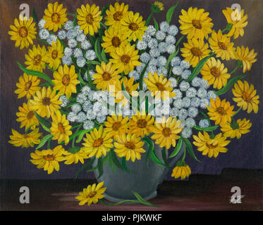 Oil painting of a bouquet with yellow and white flowers in a grey vase Stock Photo