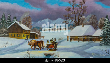 Oil painting of a winter landscape with two persons sitting on a horse-drawn carriage Stock Photo