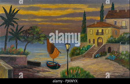 Painting of a sailboat and a house by the lake at dusk Stock Photo