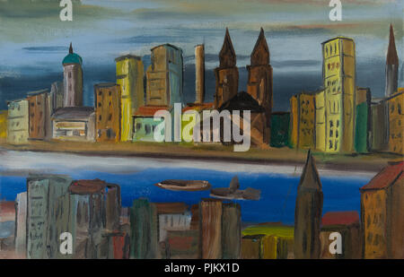 Oil painting - town on the river with brown churches and many colourful houses Stock Photo