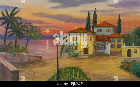 Oil painting of a house at the lake and an illuminated black lantern in the foreground Stock Photo