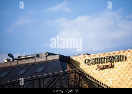 BELGRADE, SERBIA - SEPTEMBER 2, 2018: Courtyard Marriott logo on their main hotel in Serbia. Courtyard Marriott Corporation is a worldwide brand, owne Stock Photo