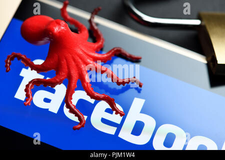 Octopus on smartphone, Facebook logo, open lock, symbol data scandal, data octopus Stock Photo