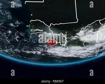 Sierra Leone on Earth at night with visible country borders. 3D illustration. Elements of this image furnished by NASA. Stock Photo