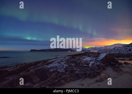 Europe, Norway, Troms, dancing Northern Lights over Kvaløya Stock Photo