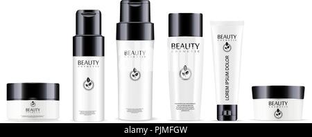 Big cosmetic products set: shampoo and conditioner bottles, cream jar and tube mockup with glossy black lids. Realistic vector illustration. Stock Vector