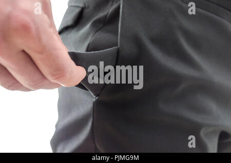 Closeup of a man showing an empty pocket. Stock Photo