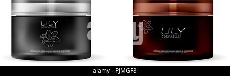 Black and brown glass plastic cosmetic cream jar set with closed lid. REalistic vector illustration with different slyle logo design. Stock Vector
