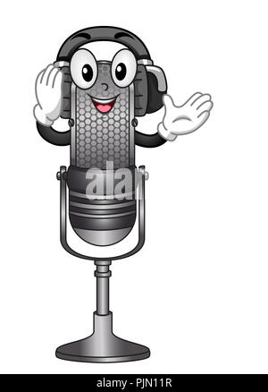 Illustration of a Microphone Mascot Wearing Headphones for Podcasting or Radio Stock Photo