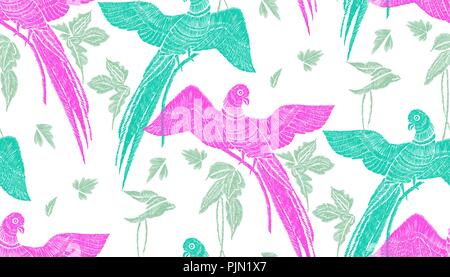 Parrots with tropical leaves seamless background pattern. Vector illustration hand drawn. Embroidery design. Stock Vector
