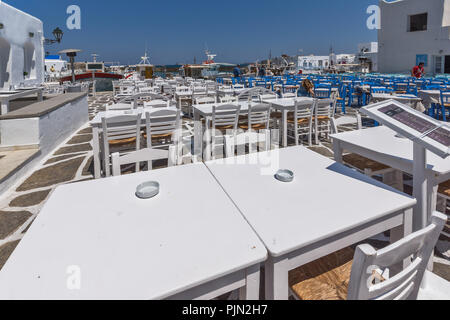 PAROS, GREECE - MAY 3, 2013: Old white house and Bay in Naoussa town, Paros island, Cyclades, Greece Stock Photo