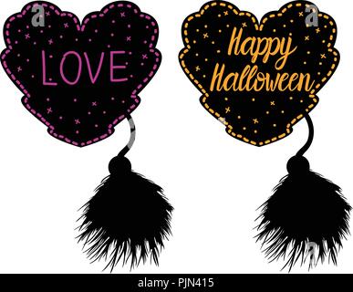 Decor in the style of a female costume for Halloween. Heart lacy black with a fluffy brush. Vector illustration isolated on white background. Stock Vector