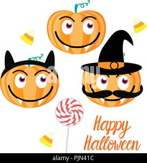 Set Happy Halloween design. Jack pumpkin lantern and candy lollipop. Vector illustration on a color background. Stock Vector