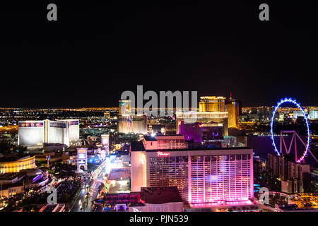 Las Vegas, NV/USA 09032018: The Strip  wide angle view from the top of the Eifel tower, with several hotels in the shot and the lights of the night Stock Photo