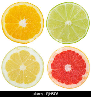 Collection of citrus fruits orange lemon slices sliced square isolated on a white background Stock Photo