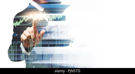 Double exposure of a businessman working and cityscape on whit background. Stock Photo
