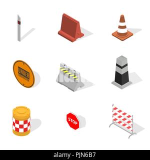 Set of different signs road repairs, isolated on white background. Under construction design elements. Flat 3D isometric style, vector illustration. Stock Vector