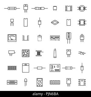 Set of various electronic and radio components of the thin lines, isolated on white background. Flat style, vector illustration. Stock Vector