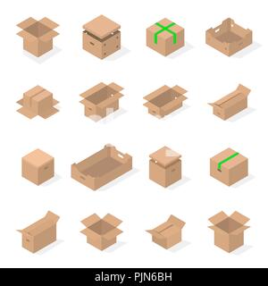 Set of different cardboard boxes isolated on white background. Packaging design elements. Flat 3D isometric style, vector illustration. Stock Vector
