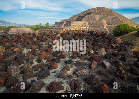 The Pyramid of the Moon is the second largest pyramid in modern-day San Juan Teotihuacán, Mexico, after the Pyramid of the Sun. Stock Photo