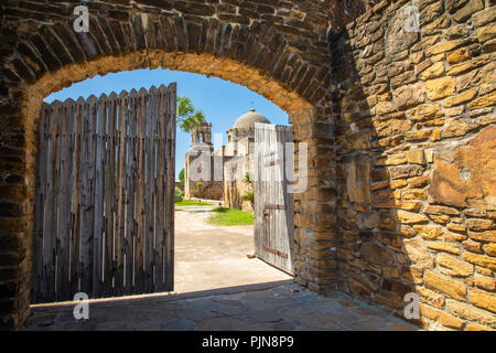 Mission San José y San Miguel de Aguayo is a historic Catholic mission in San Antonio, Texas, USA. The mission was named in part for the Marquis de Sa Stock Photo